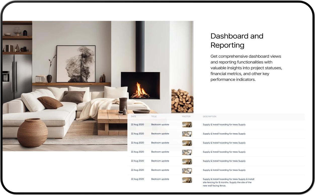 PineGlen project management dashboard displayed on an iPad
